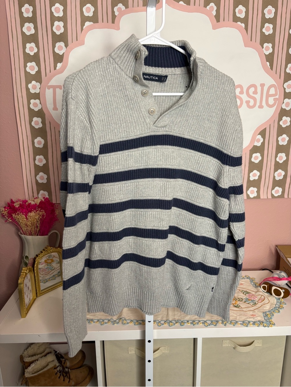 Nautica Men's Light Gray and Navy Striped Zip Shawl Collar Sweater